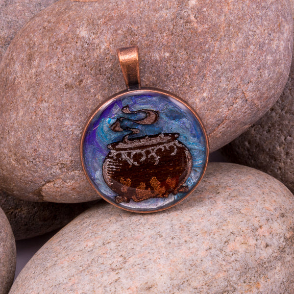 Handcrafted Bespoke Witches Cauldron Pendant; set in copper effect metal bezel.| Jabbawocky Crafts (jabbawockycrafts.co.uk)