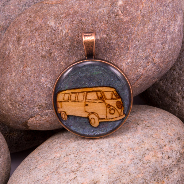 Handcrafted Bespoke VW Campervan Pendant; set in copper effect metal bezel.| Jabbawocky Crafts (jabbawockycrafts.co.uk)