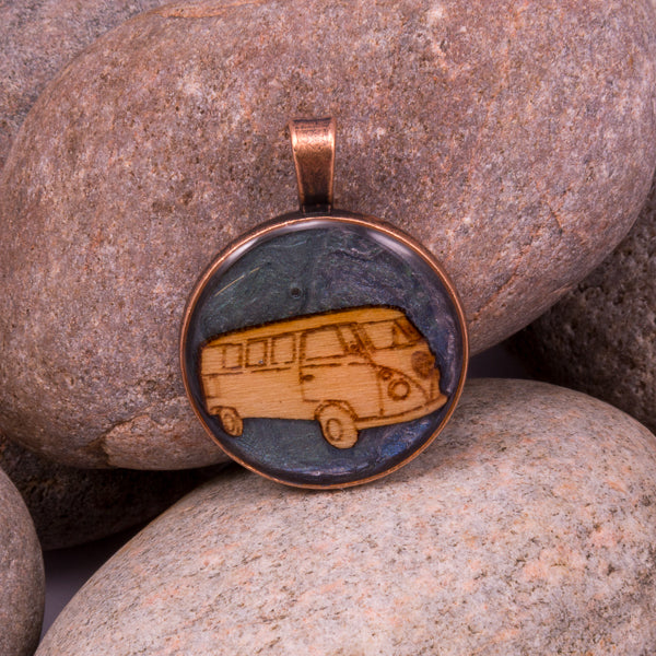 Handcrafted bespoke VW Campervan Pendant; set in copper effect metal bezel. Handmade in Norfolk; a totally unique Pendant