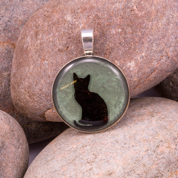 Handcrafted Bespoke Curious Cat Pendant; set in silver effect metal bezel.| Jabbawocky Crafts (jabbawockycrafts.co.uk)