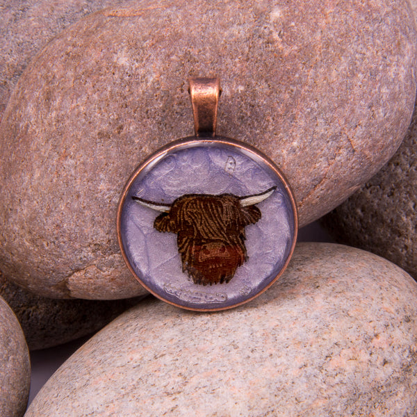 Handcrafted Bespoke Highland Cow Pendant; set in copper effect metal bezel.| Jabbawocky Crafts (jabbawockycrafts.co.uk)