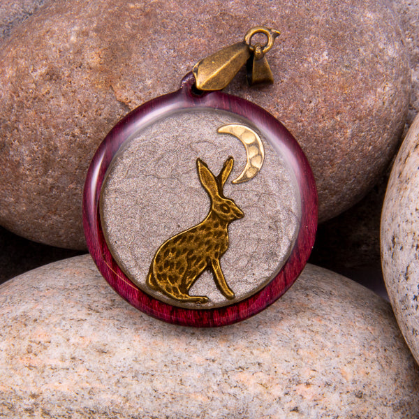 Handcrafted Bespoke Moon Gazing Hare Pendant; set in hand-turned Purple Heart wood.| Jabbawocky Crafts (jabbawockycrafts.co.uk)