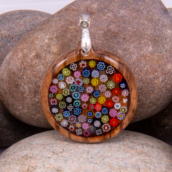 Handcrafted Bespoke Millefiori Pendant; set in hand-turned Zebrano wood.| Jabbawocky Crafts (jabbawockycrafts.co.uk)