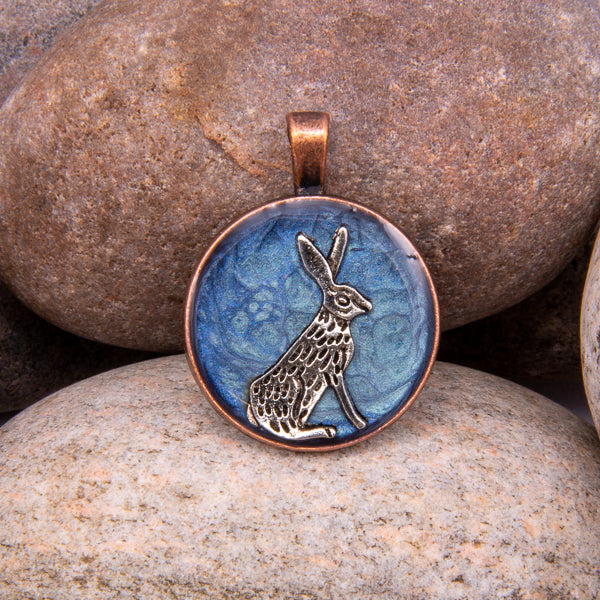 Handcrafted Bespoke Moon Gazing Hare Pendant; set in Copper Effect metal bezel.| Jabbawocky Crafts (jabbawockycrafts.co.uk)