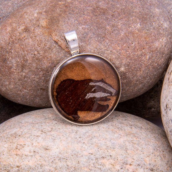 Handcrafted Bespoke Mr Badger Pendant; set in Silver Effect metal bezel.| Jabbawocky Crafts (jabbawockycrafts.co.uk)