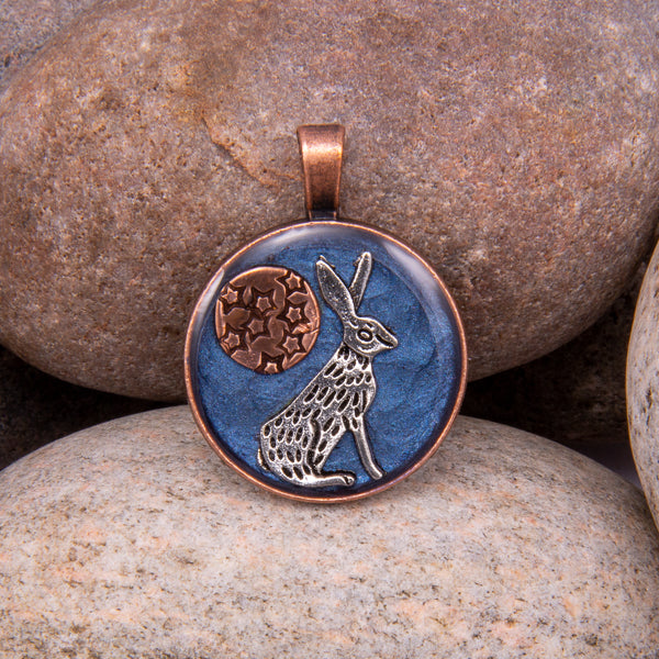 Handcrafted Bespoke Moon Gazing Hare Pendant; set in Copper Effect metal bezel.| Jabbawocky Crafts (jabbawockycrafts.co.uk)